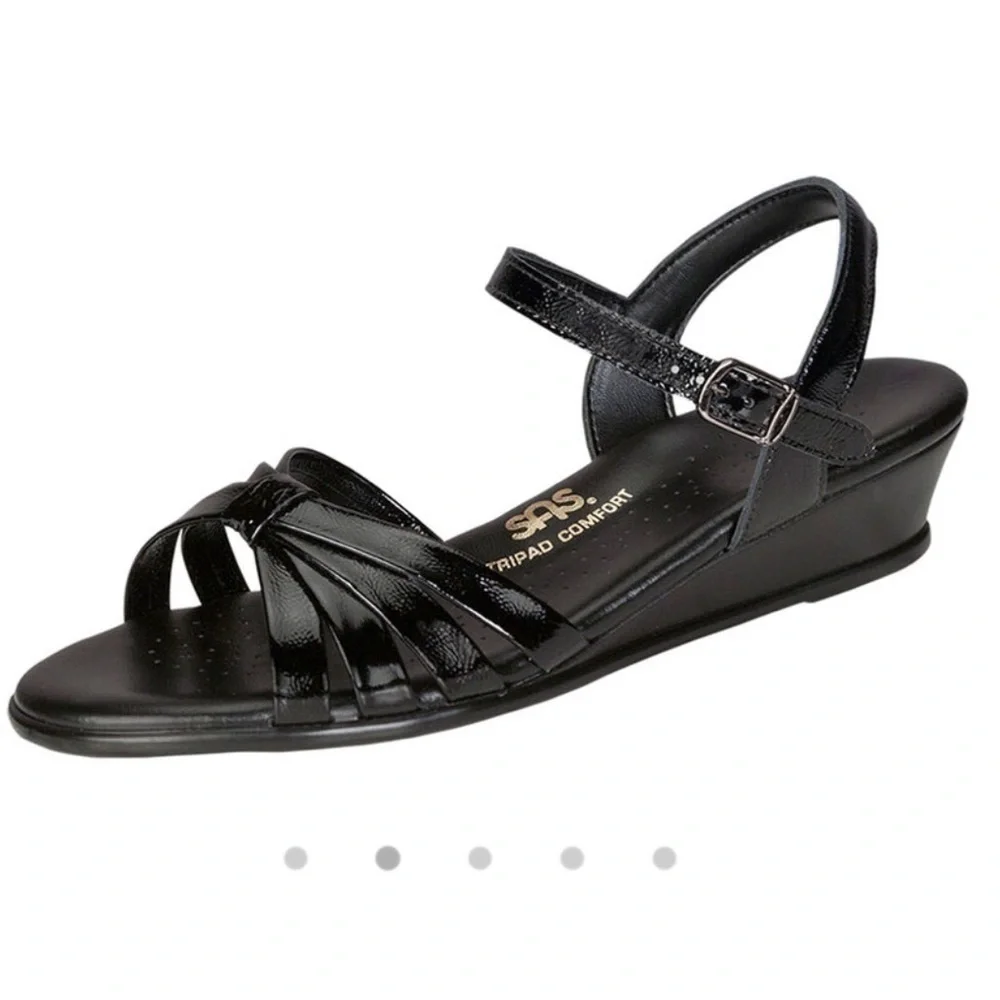 SAS Strippy Quarter Strap Wedge Sandal Women's Stylish Black Patent Size 9
